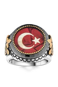 Erkek Gümüş Yüzük Ay Yıldız Mineli Gold Detaylı 925 Ayar