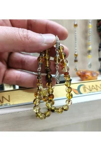 Fosilli Doğal Damla Kehribar Tesbih Küre Kesim 8x8 mm - 925 Ayar Gümüş Püsküllü 28 cm