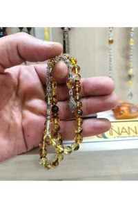 Fosilli Doğal Damla Kehribar Tesbih Küre Kesim 8x8 mm - 925 Ayar Gümüş Püsküllü 28 cm
