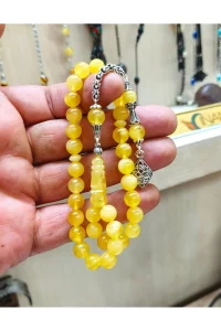 Doğal Damla Kehribar Tesbih Küre Kesim 8x8 mm - 925 Ayar Gümüş Püsküllü 28 cm