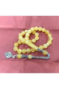 Doğal Damla Kehribar Tesbih Küre Kesim 8x8 mm - 925 Ayar Gümüş Püsküllü 28 cm