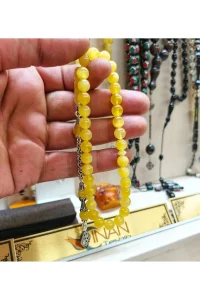 Doğal Damla Kehribar Tesbih Küre Kesim 8x8 mm - 925 Ayar Gümüş Püsküllü 28 cm