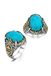 Erkek Gümüş Yüzük Firuze Taşlı Göktürkçe Türk Yazılı 925 Ayar