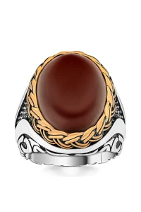 Erkek Gümüş Yüzük Gold Örgü Motifli Kırmızı Kehribar Taşlı 925 Ayar