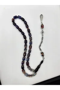 Çok Renkli Ateş Kehribarı Tesbih 33 Boncuklu Çift Renk Püsküllü Erkek Hediyelik 35 cm