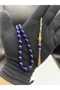 Lacivert Ateş Kehribarı Tesbih 33 Boncuklu Çift Renk Püsküllü Erkek Hediyelik 34 cm