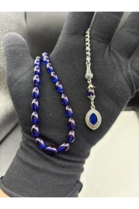Lacivert Ateş Kehribarı Tesbih 33 Boncuklu Püsküllü Erkek Hediyelik 32 cm