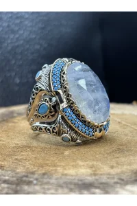 Erkek Gümüş Yüzük Mavi Taşlı Özel Tasarım 925 Ayar