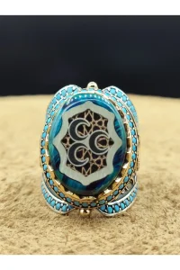 Erkek Gümüş Yüzük Üç Hilal Turkuaz Taşlı 925 Ayar