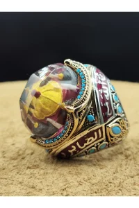 Erkek Gümüş Yüzük Cami Motifli Turkuaz Taşlı 925 Ayar