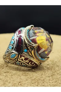 Erkek Gümüş Yüzük Cami Motifli Turkuaz Taşlı 925 Ayar