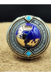 925 Ayar Gümüş “Vatan Büyük ve Müebbed Bir Ülkedir” Dünya Motifli Erkek Yüzük – 32 Gram