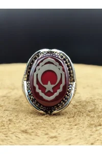 Erkek Gümüş Yüzük Kırmızı Mineli Ay Yıldız 925 Ayar