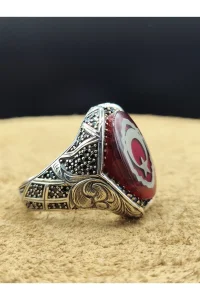 Erkek Gümüş Yüzük Kırmızı Mineli Ay Yıldız 925 Ayar