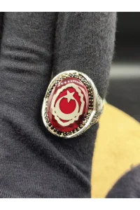 Erkek Gümüş Yüzük Kırmızı Mineli Ay Yıldız 925 Ayar