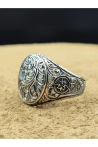 Erkek Gümüş Yüzük Kalem İşlemeli Klasik Model 925 Ayar
