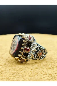Süleyman Mührü İşlemeli 25 Gram 925 Ayar Gümüş Erkek Yüzük – Akik Taşlı Otantik Model