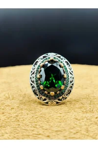 Erkek Gümüş Yüzük Yeşil Zirkon Taşlı 925 Ayar