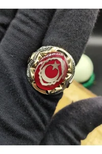 Erkek Gümüş Yüzük Ay Yıldız Kırmızı Taşlı 925 Ayar