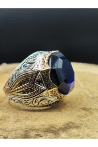 Erkek Gümüş Yüzük Lacivert Zirkon Taşlı 925 Ayar
