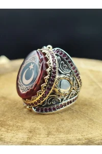 Erkek Gümüş Yüzük Ay Yıldız Motifli Zirkon Taşlı 925 Ayar