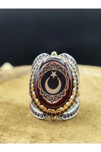 Erkek Gümüş Yüzük Ay Yıldız Motifli Zirkon Taşlı 925 Ayar