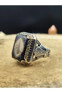 Erkek Gümüş Yüzük Osmanlı Tuğralı Zirkon Taşlı 925 Ayar