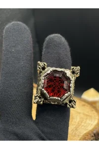 Erkek Gümüş Yüzük Kırmızı Zirkon Taşlı Fetih Modeli 925 Ayar