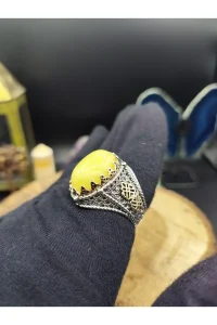 Erkek Gümüş Yüzük Damla Kehribar Taşlı 925 Ayar