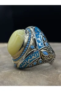 Erkek Gümüş Yüzük Damla Kehribar Taşlı 925 Ayar
