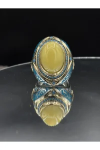 Erkek Gümüş Yüzük Damla Kehribar Taşlı 925 Ayar