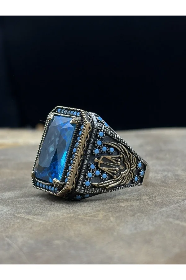 Erkek Gümüş Yüzük Aqua Blue Taşlı 925 Ayar