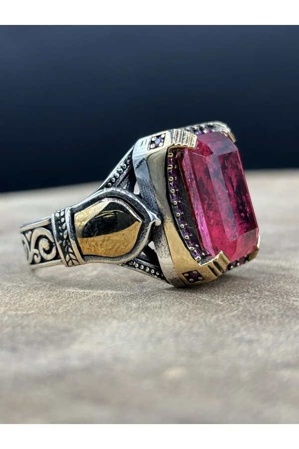 Pembe Paraiba Taşlı 925 Ayar Gümüş Erkek Yüzük – El İşçiliği, 12 Gram Özel Tasarım