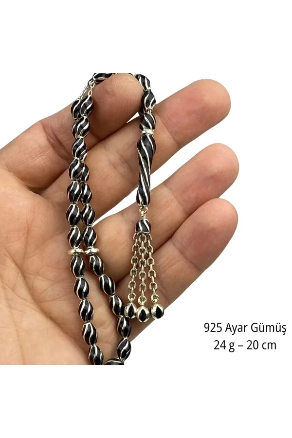 925 Ayar Gümüş Tesbih Siyah Beyaz Taraftar Renkli Mineli