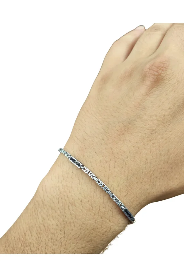 925 Ayar Gümüş Bileklik Kral Zincir Model Siyah Taşlı 21 cm 7,7 Gram