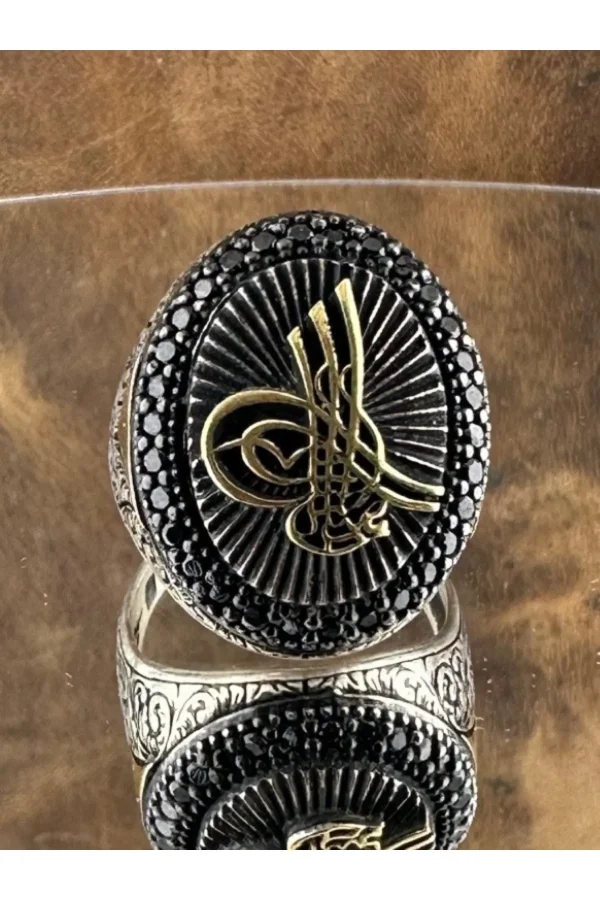 Erkek Gümüş Yüzük Osmanlı Tuğra Nal-ı Şerif Desenli Oval Siyah 925 Ayar