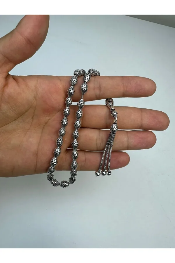 El Işçiliği Hafif Ve Şık Gümüş Arpa Kesim Fizyon Tesbih - 925 Ayar Gümüş 24 gram