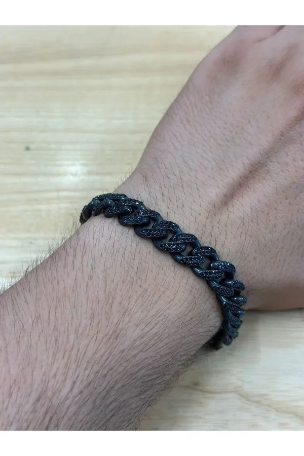 925 Ayar Gümüş Siyah Zirkon Taşlı Titanyum Bileklik Erkek