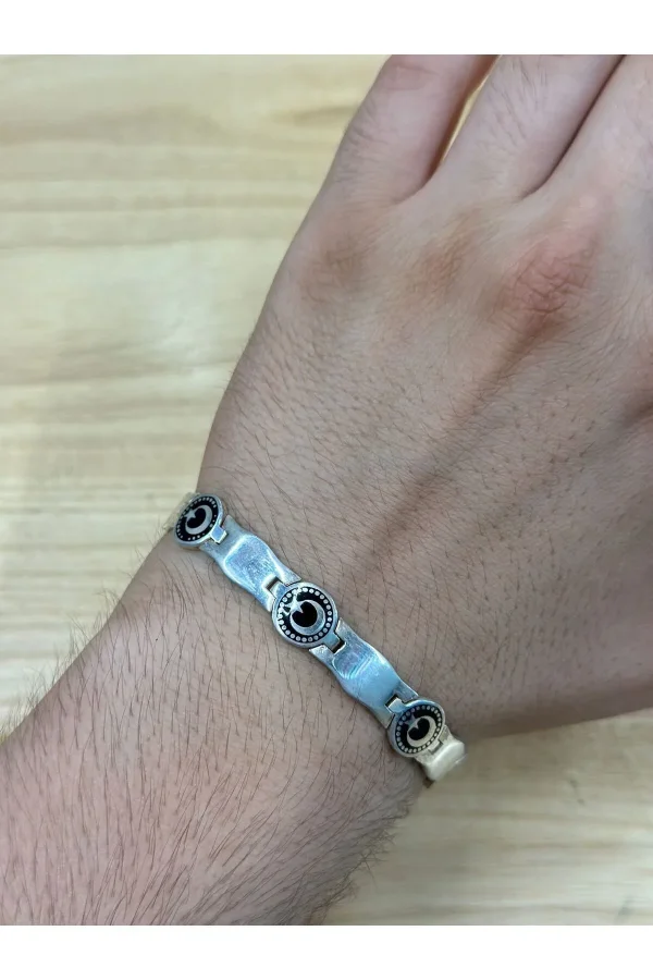 925 Ayar Gümüş Ay Yıldız Figürlü Oval Hasır Opal Taşlı Erkek Bileklik
