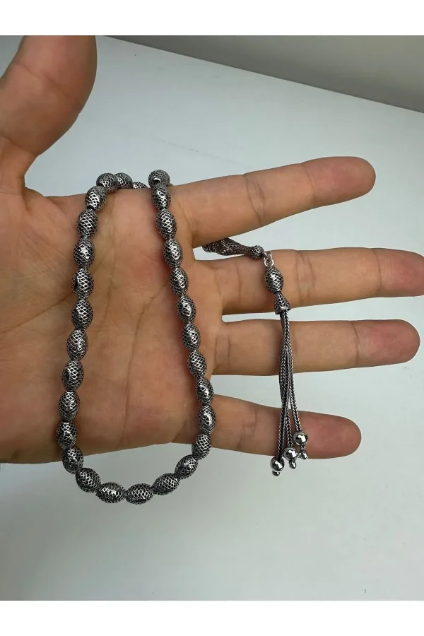 925 Ayar Gümüş Oksitli Fizyon Arpa Kesim Tesbih El Yapımı