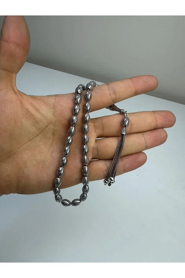 925 Ayar Gümüş Oksitli Fizyon Arpa Kesim Tesbih El Yapımı