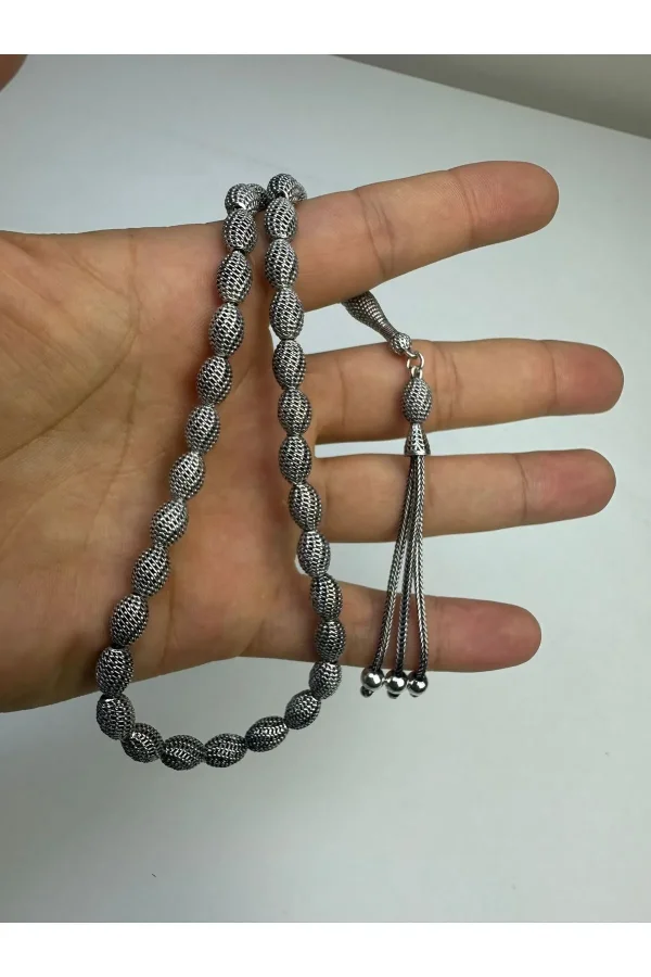 925 Ayar Gümüş Oksitli Fizyon Arpa Kesim Tesbih El Yapımı