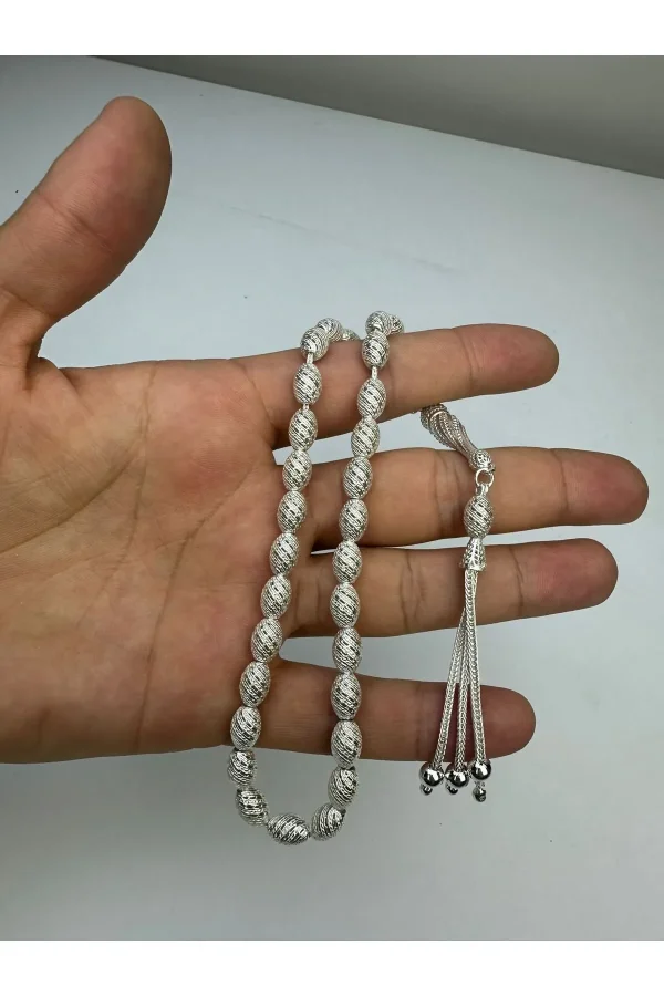 925 Ayar Gümüş Fizyon Arpa Kesim Tesbih El Yapımı Koleksiyonluk