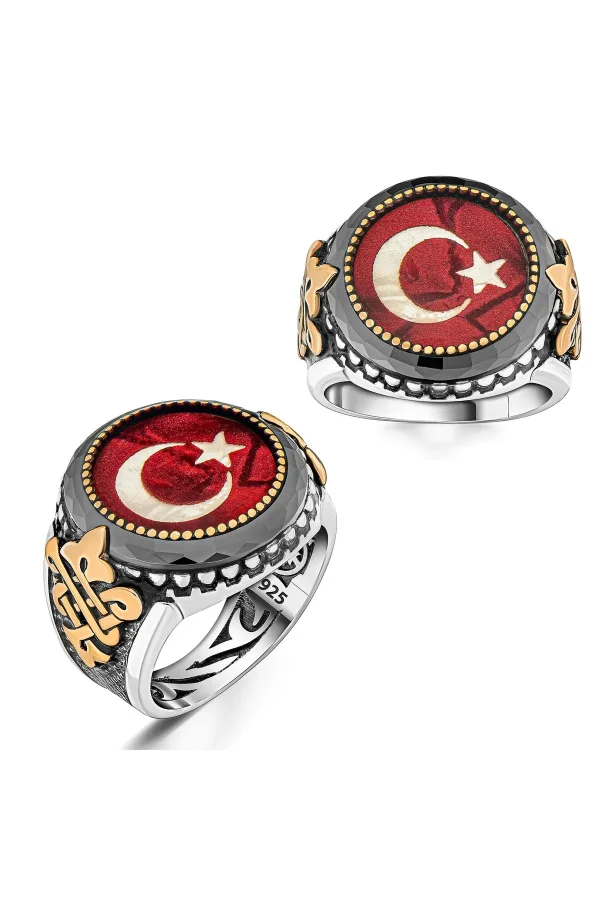 Erkek Gümüş Yüzük Ay Yıldız Mineli Gold Detaylı 925 Ayar