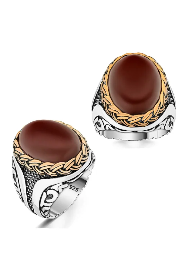 Erkek Gümüş Yüzük Gold Örgü Motifli Kırmızı Kehribar Taşlı 925 Ayar