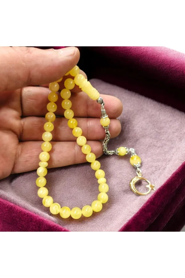 Doğal Damla Kehribar Tesbih Küre Kesim 6x6 mm - 925 Ayar Gümüş Püsküllü Bileklik Boy