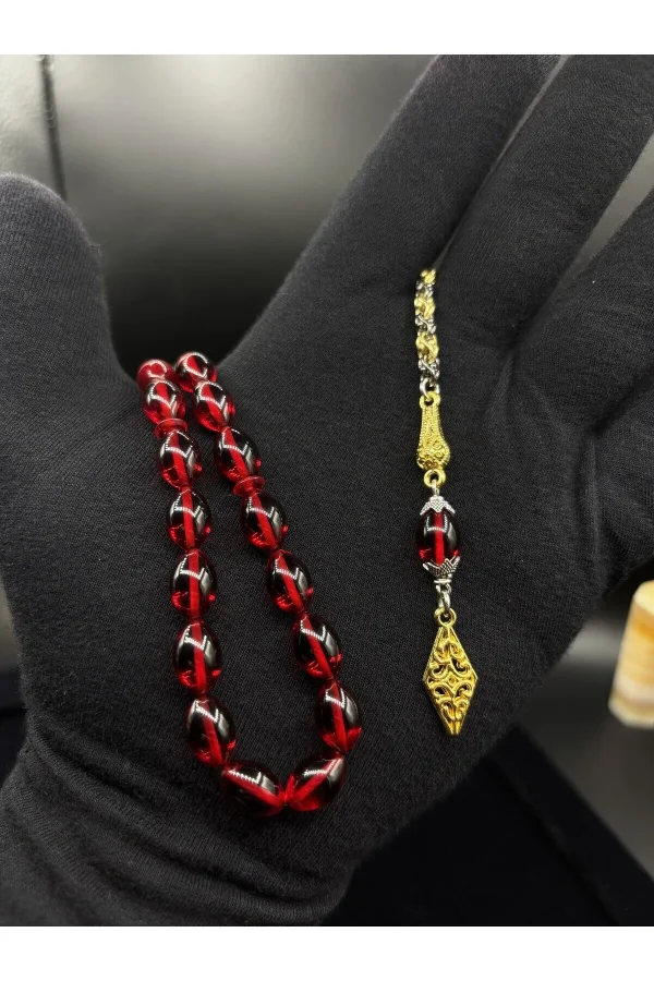 Kırmızı Ateş Kehribarı Tesbih 33 Boncuklu Çift Renk Püsküllü Erkek Hediyelik 34 cm