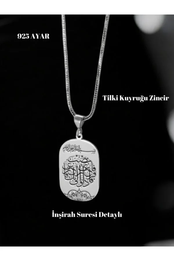 925 Ayar Gümüş Tilki Kuyruğu Zincirli İnşirah Suresi Erkek Kolye Manevi