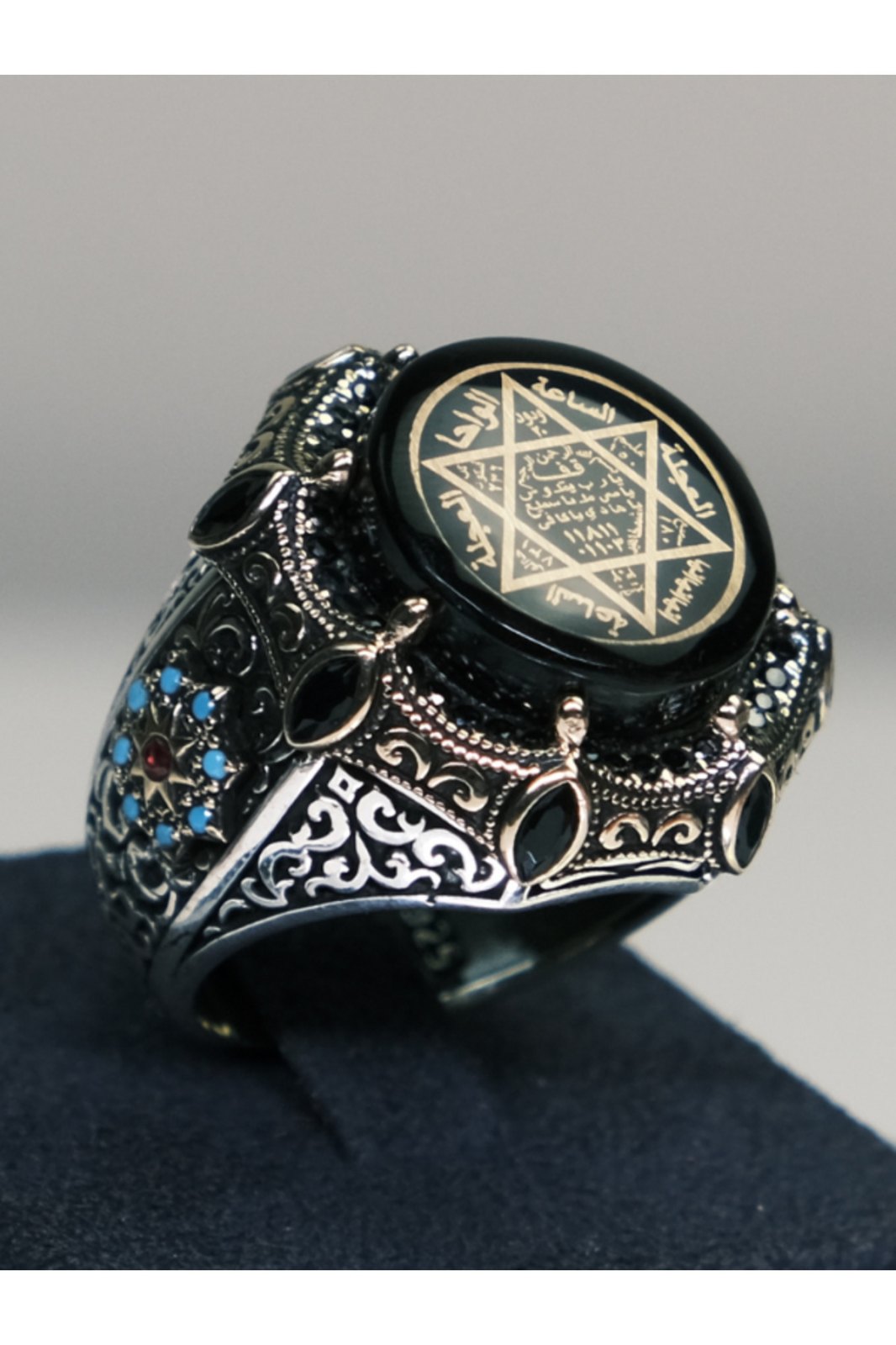 Erkek Gümüş Yüzük Süleyman Mührü Zirkon Taşlı Oval Kasa Özel Tasarım 925 Ayar - 22 · Image 6