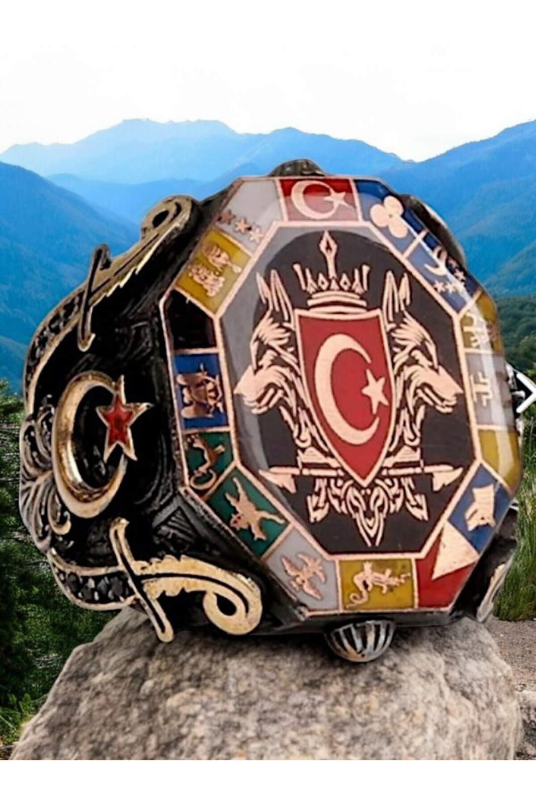 Erkek Gümüş Yüzük Çift Bozkurt 16 Türk Devleti Ay Yıldız Motifli 925 Ayar - 30